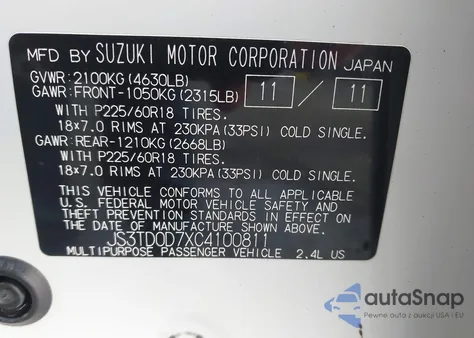 2012 Suzuki Grand Vitara Limited z USA, uszkodzony, nr VIN JS3TD0D7XC4100811